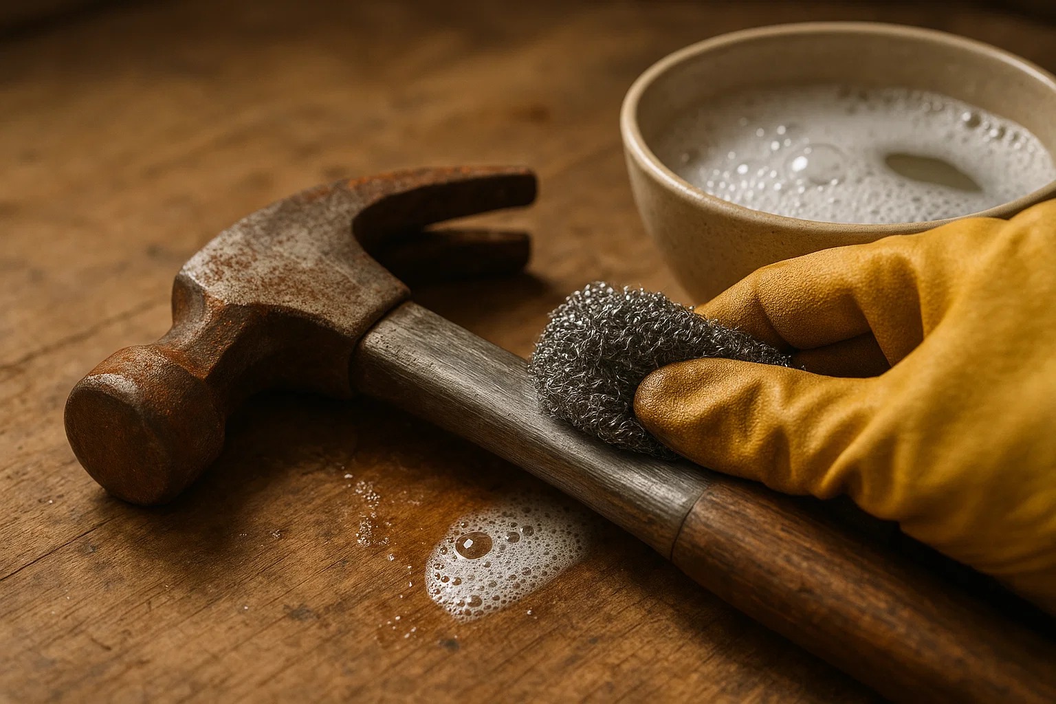  پاک کردن زنگ زدگی با فرچه و سیم ظرفشویی