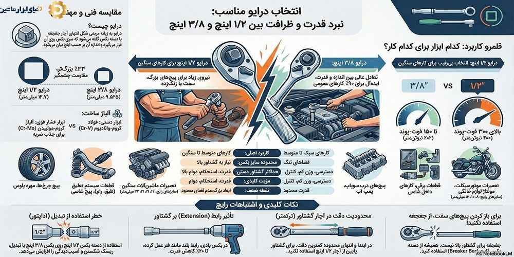 تفاوت آچار بکس ۱/۲ با ۳/۸: اشتباهی که ابزارتان را نابود می‌کند!